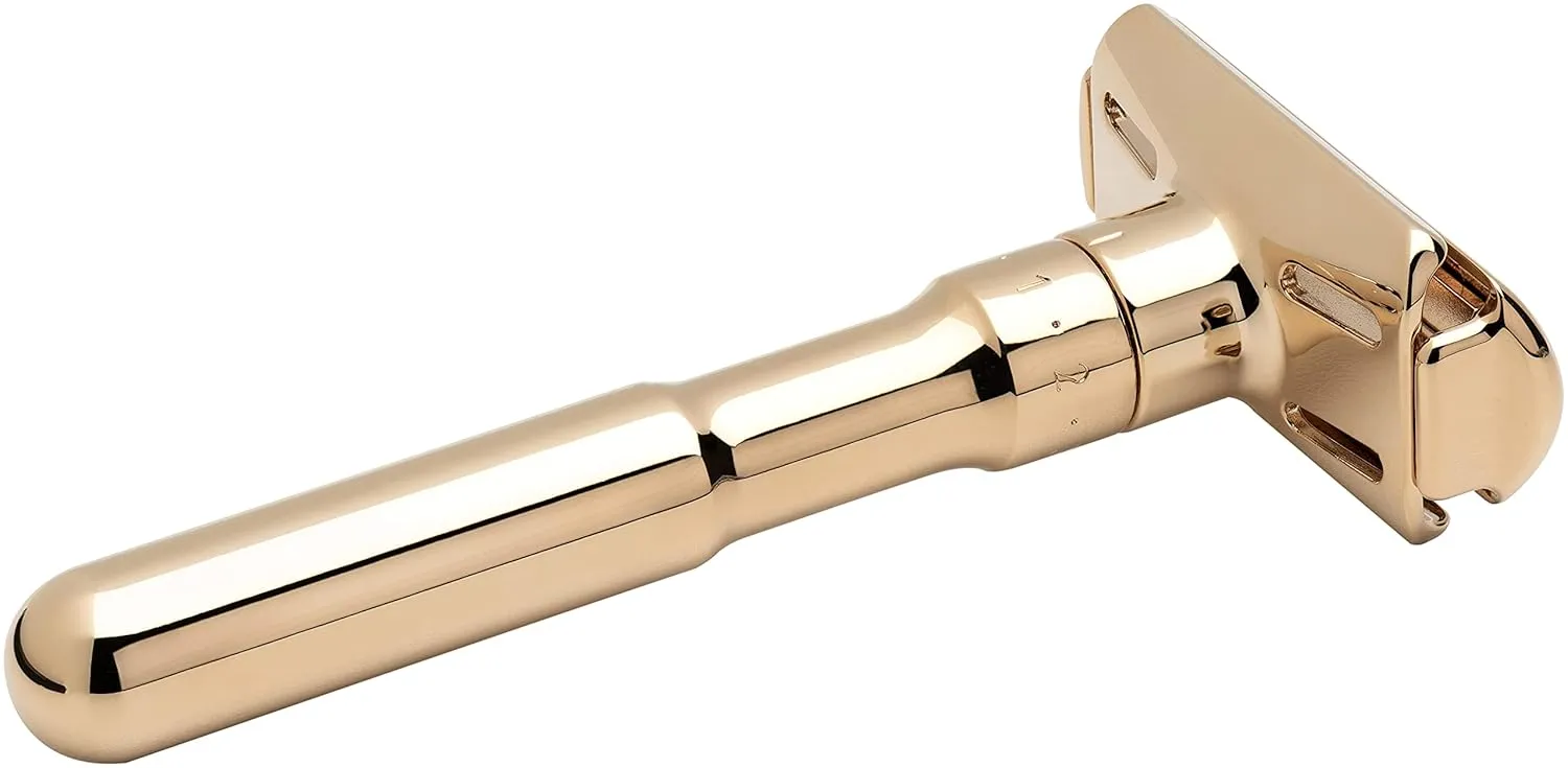 MERKUR FUTUR 702 Adjustable Double Edge Safety Razor - Bright Gold, Adjustable Razor With Dial, Made in Germany, Plastic-Free, Snap-On Cap Design, Straight Bar