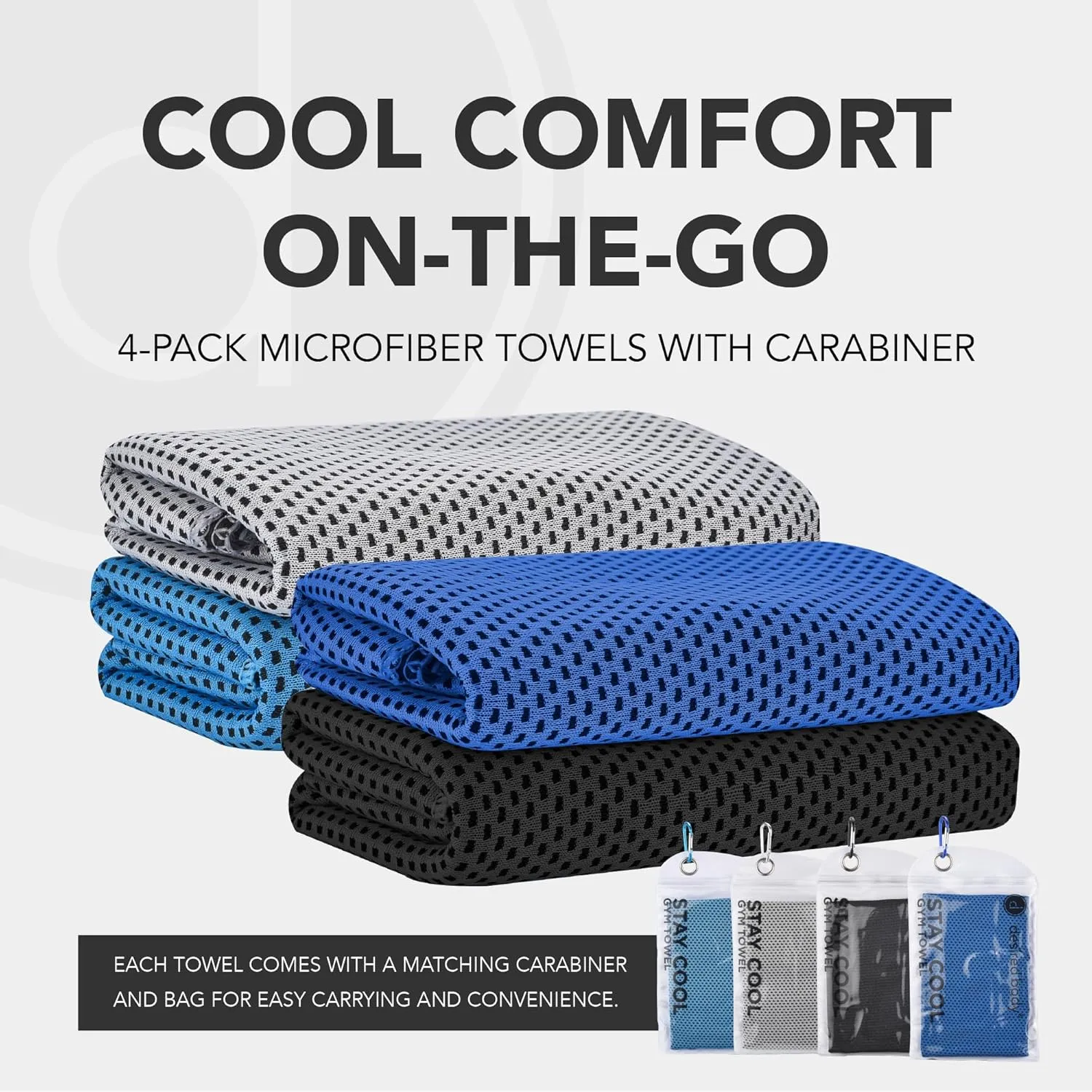 Microfiber Cooling Towels for Neck and Face - 4 Pack 40x12” Mesh Quick Dry Gym Towels for Working Out with Waterproof Bag and Carabiner - Sweat Rag for Gym, Sports, Outdoor Activities