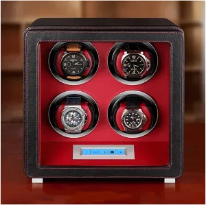 Microfiber Leather Watch Winder, 4slot, Quiet Motor, Fiberboard Case, Smart Touch, Acrylic, LED Light, 6 Modes, Watch Shaker Watch Winder Display Watch Box Case Watch Storage