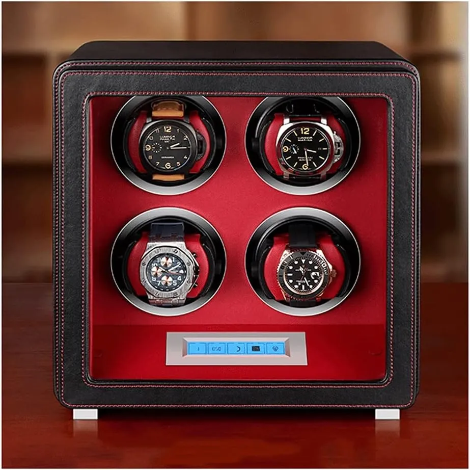 Microfiber Leather Watch Winder, 4slot, Quiet Motor, Fiberboard Case, Smart Touch, Acrylic, LED Light, 6 Modes, Watch Shaker Watch Winder Display Watch Box Case Watch Storage