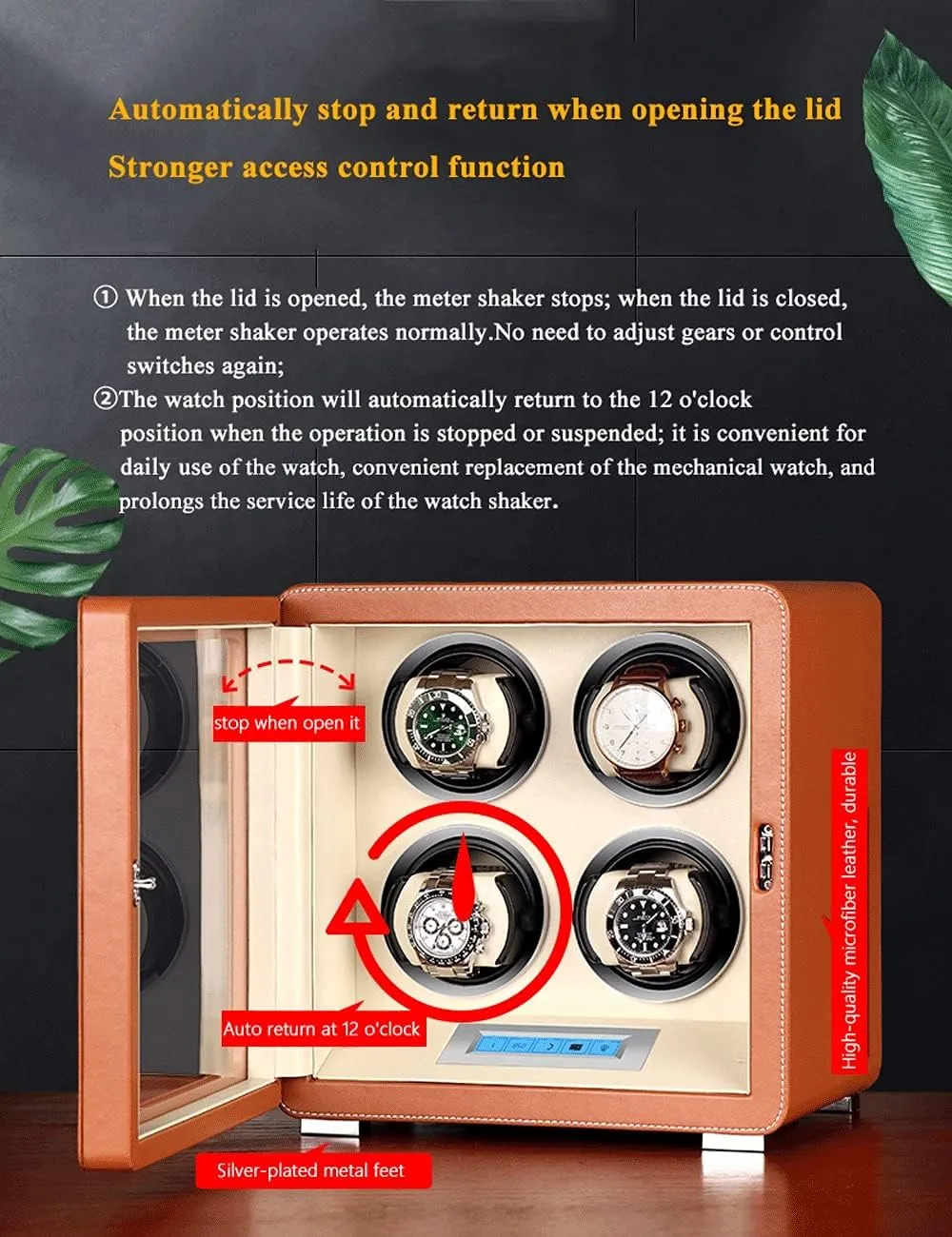 Microfiber Leather Watch Winder, 4slot, Quiet Motor, Fiberboard Case, Smart Touch, Acrylic, LED Light, 6 Modes, Watch Shaker Watch Winder Display Watch Box Case Watch Storage