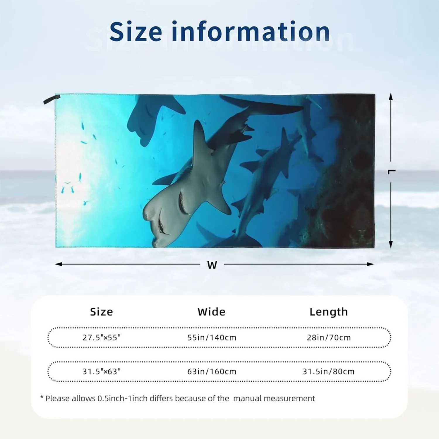 Microfiber Lightweight Beach Towel Sand Free Quick Dry Absorbent Camping Towels Hammerhead Sharks Compact Gym Towel Ultra Soft Bath Towels Travel Sports Towel for Adult Gift 31.5"x63"