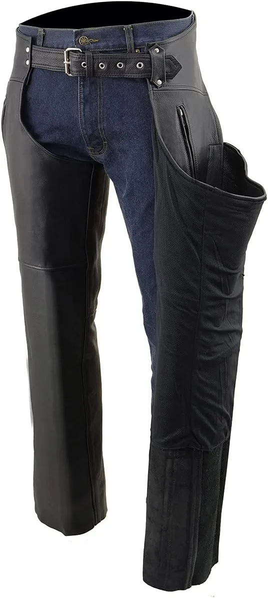 Milwaukee Leather Chaps for Men's Black Prime Leather Zipped Thigh Pocket-Mesh Lined Motorcycle Rider Chap-SH1190
