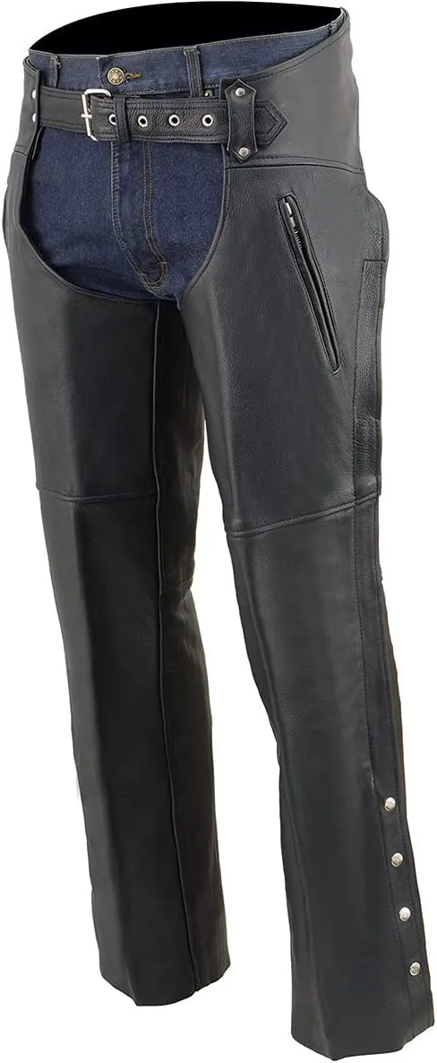 Milwaukee Leather Men's Black Premium Leather Motorcycle Rider Chaps w/Thigh Pocket and Mesh Liner-ML1190
