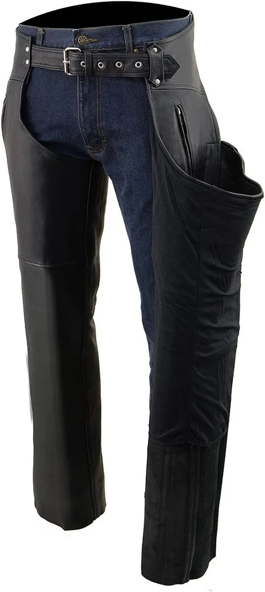 Milwaukee Leather Men's Black Premium Leather Motorcycle Rider Chaps w/Thigh Pocket and Mesh Liner-ML1190