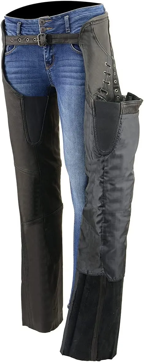 Milwaukee Leather Women's Black Lightweight Premium Goat Skin Leather Motorcycle Chaps w/Accent Lacing -MLL6535