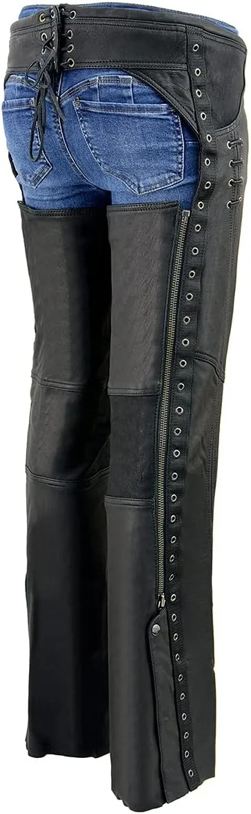 Milwaukee Leather Women's Black Lightweight Premium Goat Skin Leather Motorcycle Chaps w/Accent Lacing -MLL6535