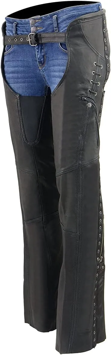 Milwaukee Leather Women's Black Lightweight Premium Goat Skin Leather Motorcycle Chaps w/Accent Lacing -MLL6535