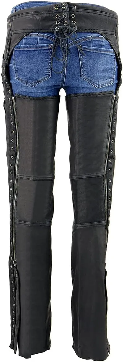 Milwaukee Leather Women's Black Lightweight Premium Goat Skin Leather Motorcycle Chaps w/Accent Lacing -MLL6535
