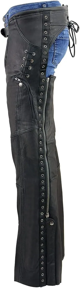 Milwaukee Leather Women's Black Lightweight Premium Goat Skin Leather Motorcycle Chaps w/Accent Lacing -MLL6535