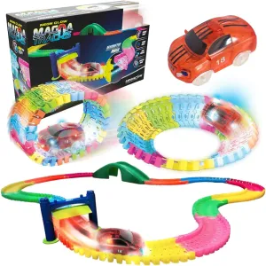 Mindscope Twister Tracks MagnaTracks 12 feet of Neon Glow in The Dark Magnetic Raceway with Accessories   Vehicle