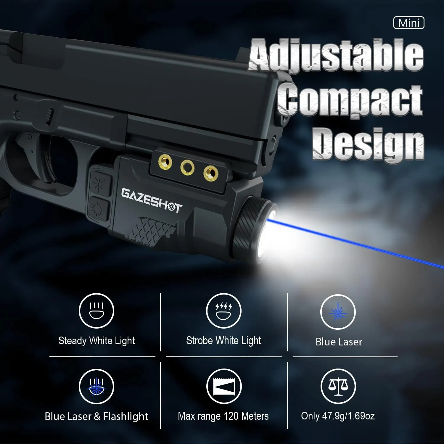 Mini 700 Lumen Pistol Light Laser Combo Weapon Light Tactical Flashlights, Magnetic USB Rechargeable with Blue Beam Sight and Strobe Mode for GL Glock and Picatinny Rail