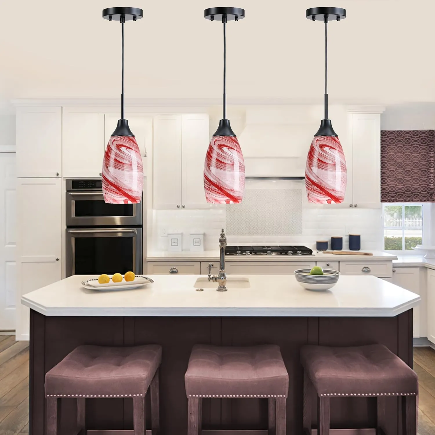 Mini Glass Pendant Light 1-Pack with Handblown Art Burgundy Marble Glass Hanging Light Oval Ceiling Light Fixture for Dining Room, Kitchen Matte Black Metal