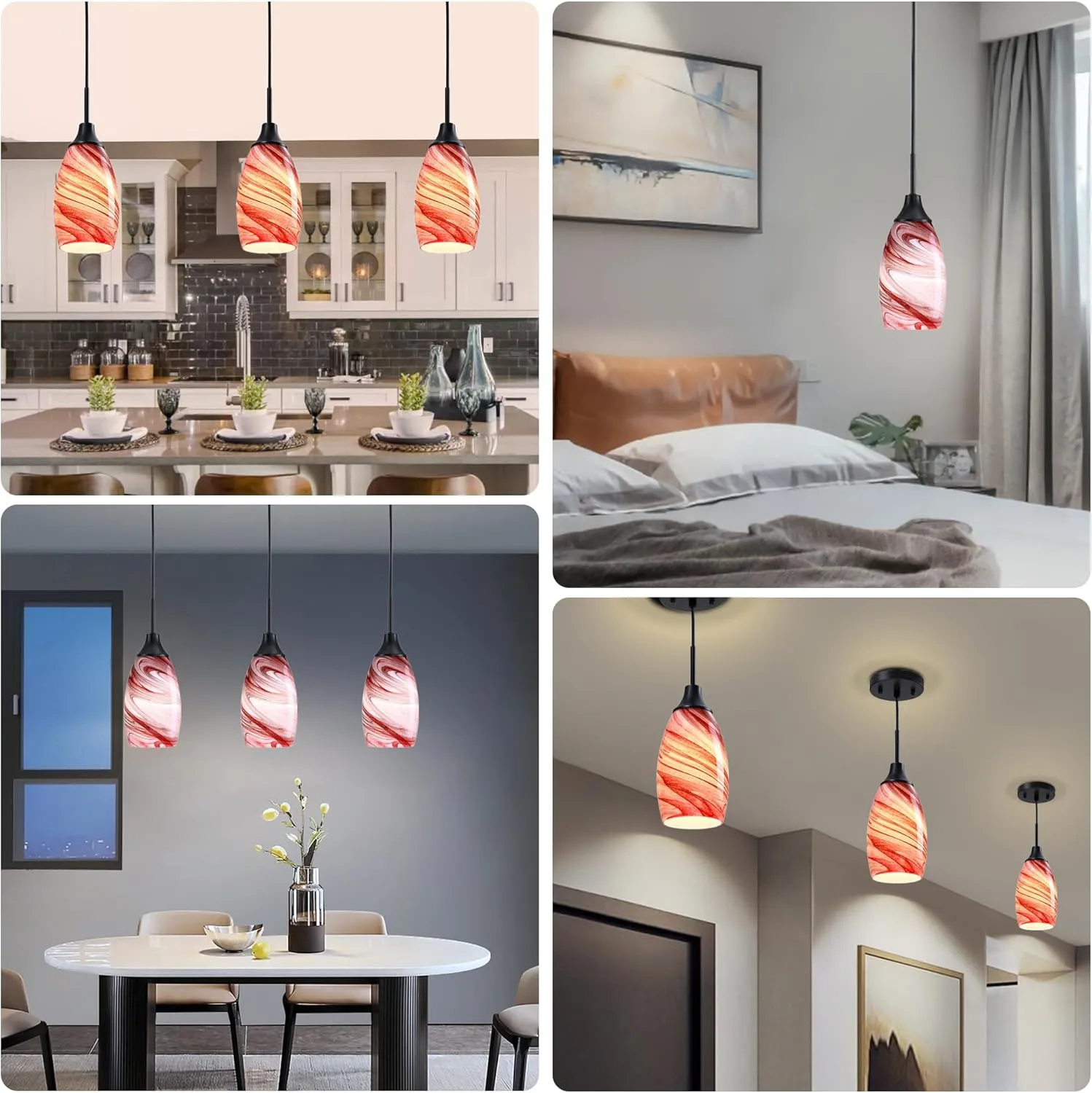Mini Glass Pendant Light 1-Pack with Handblown Art Burgundy Marble Glass Hanging Light Oval Ceiling Light Fixture for Dining Room, Kitchen Matte Black Metal