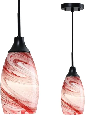 Mini Glass Pendant Light 1-Pack with Handblown Art Burgundy Marble Glass Hanging Light Oval Ceiling Light Fixture for Dining Room, Kitchen Matte Black Metal