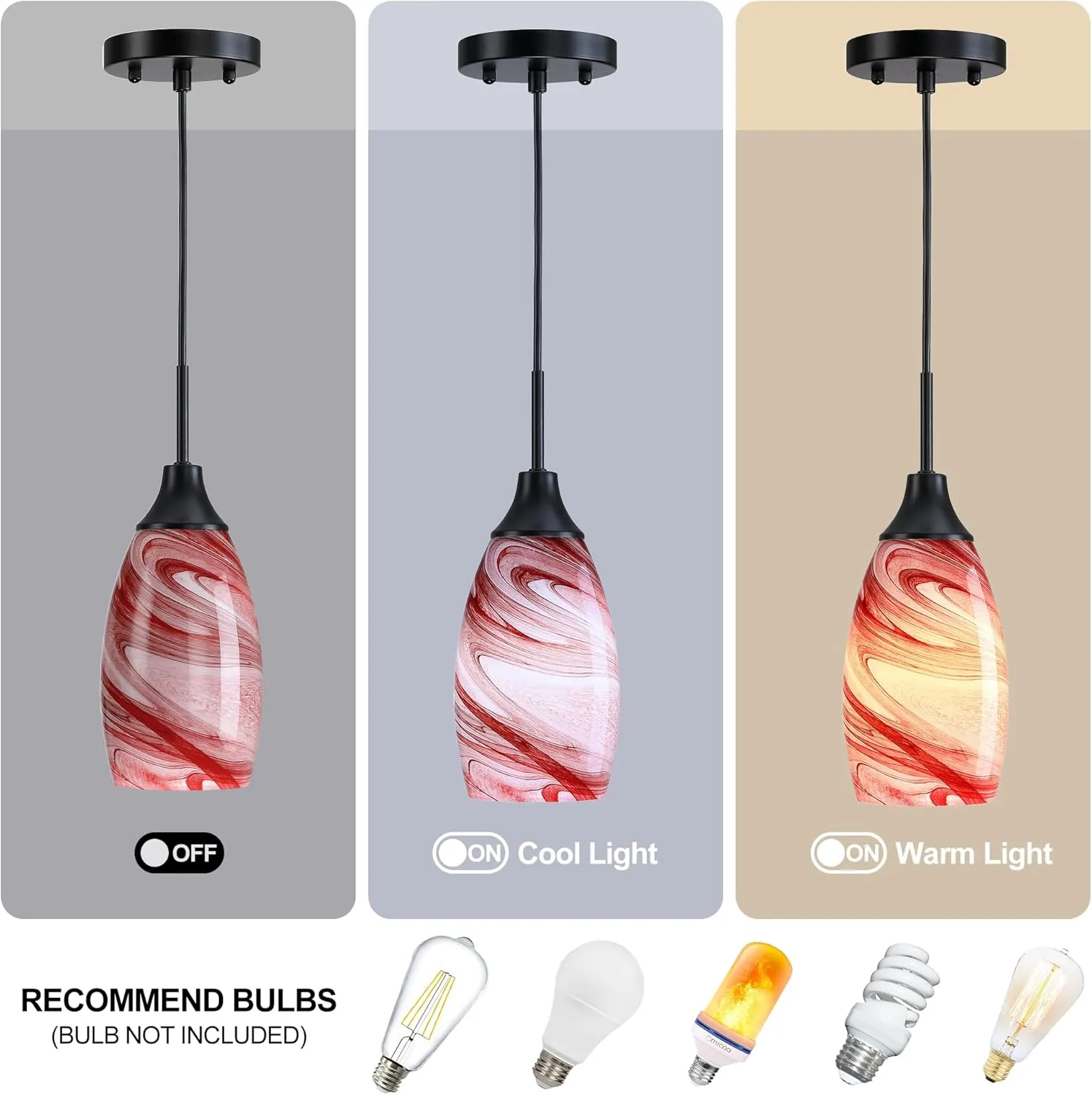 Mini Glass Pendant Light 1-Pack with Handblown Art Burgundy Marble Glass Hanging Light Oval Ceiling Light Fixture for Dining Room, Kitchen Matte Black Metal