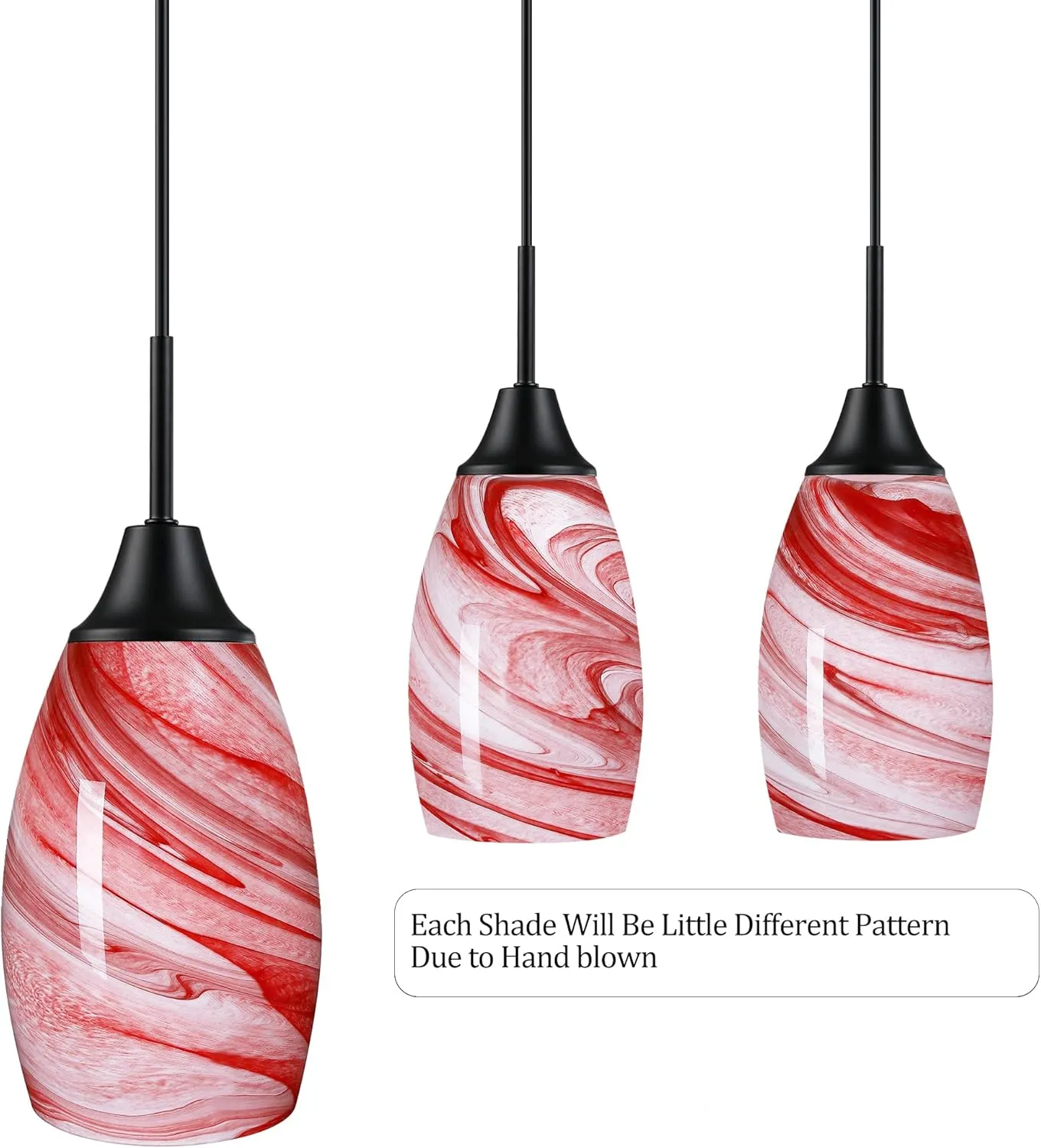 Mini Glass Pendant Light 1-Pack with Handblown Art Burgundy Marble Glass Hanging Light Oval Ceiling Light Fixture for Dining Room, Kitchen Matte Black Metal