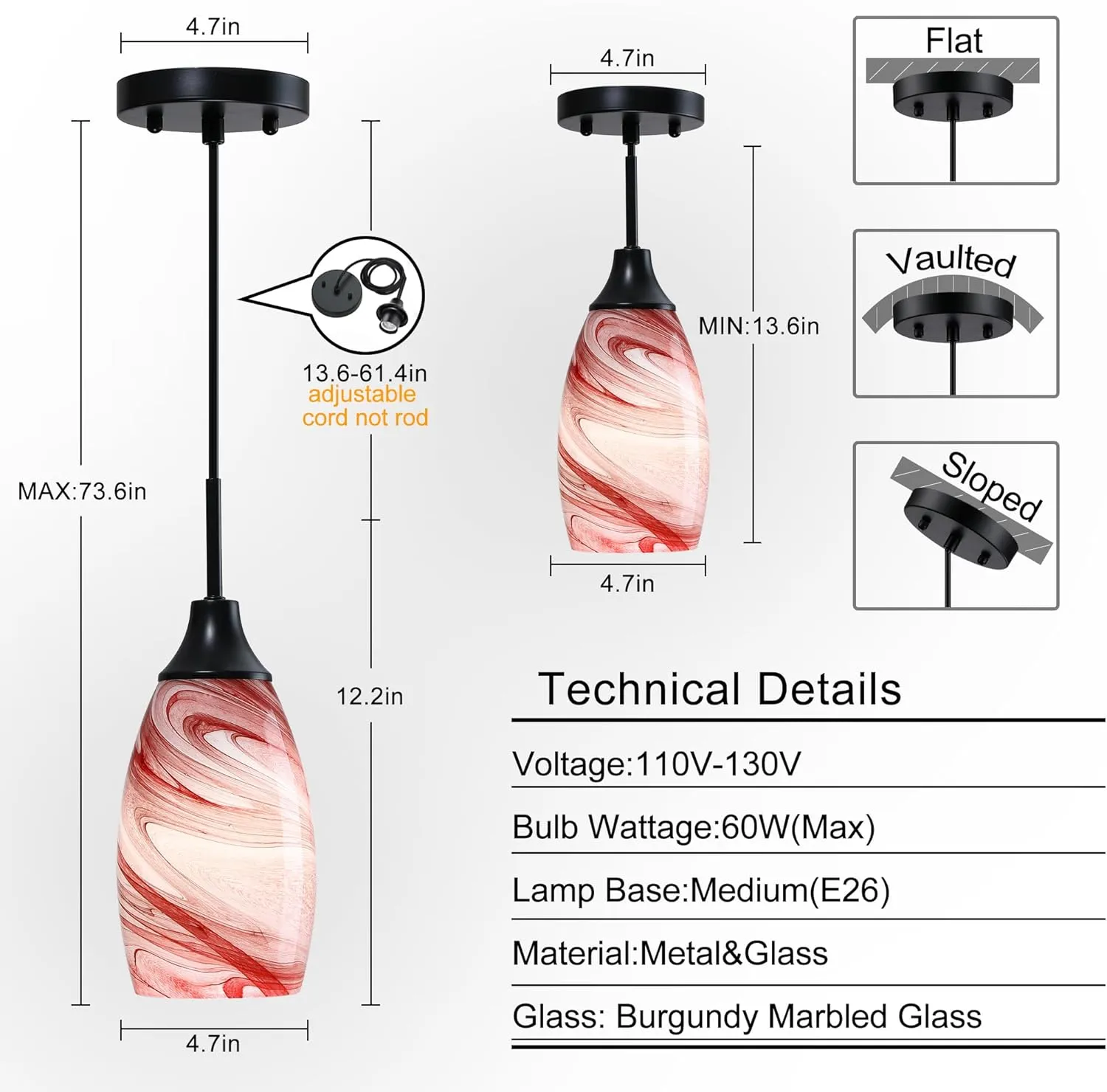 Mini Glass Pendant Light 1-Pack with Handblown Art Burgundy Marble Glass Hanging Light Oval Ceiling Light Fixture for Dining Room, Kitchen Matte Black Metal