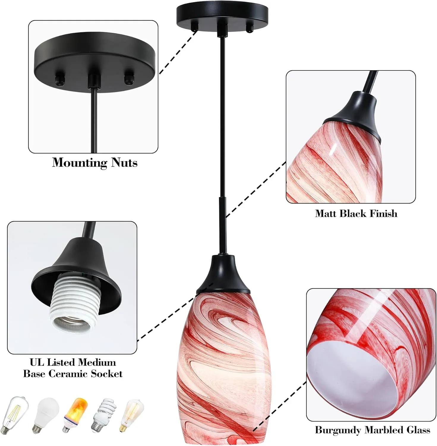 Mini Glass Pendant Light 1-Pack with Handblown Art Burgundy Marble Glass Hanging Light Oval Ceiling Light Fixture for Dining Room, Kitchen Matte Black Metal