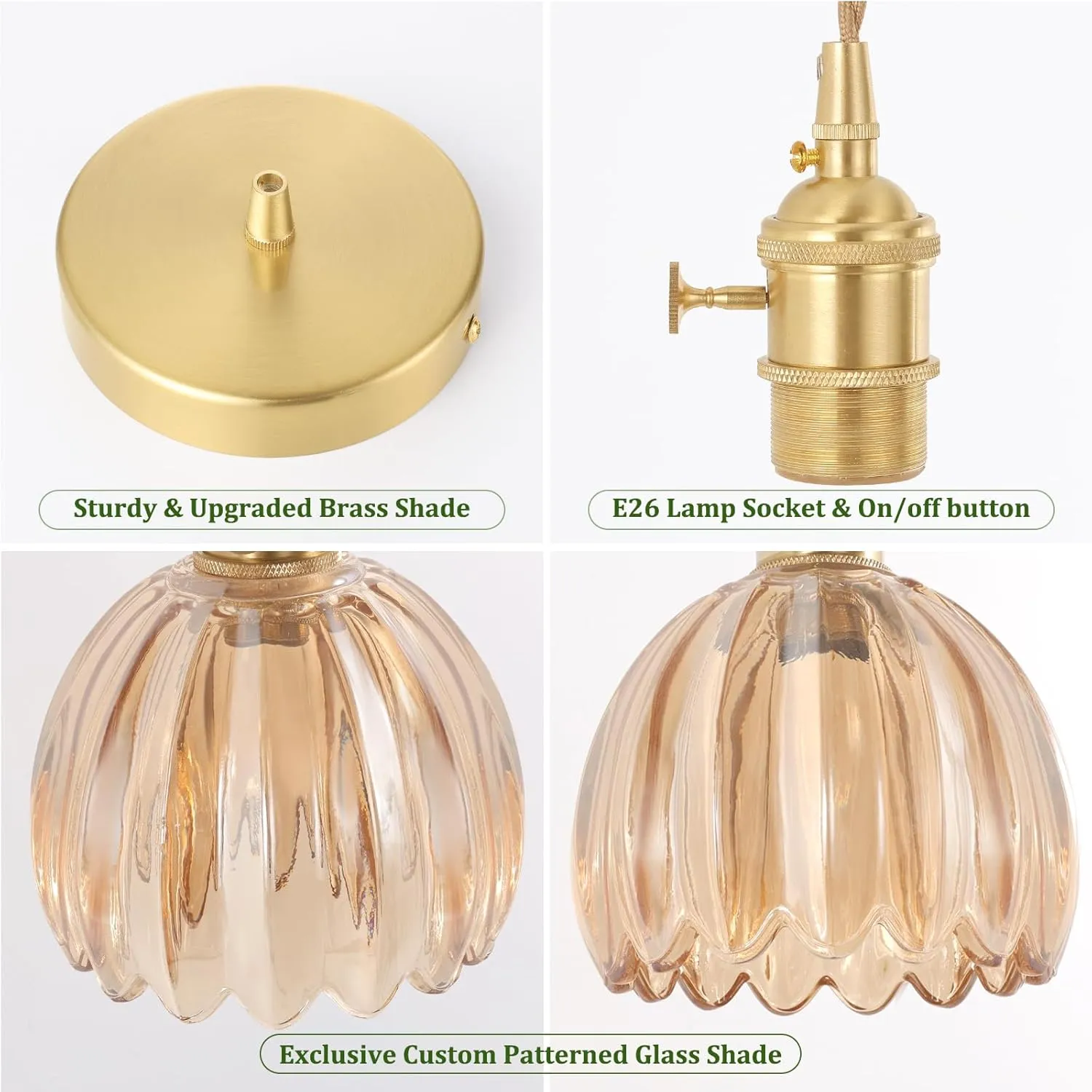 Mini Pendant Light with Amber Tulip Glass Lmapshade, Brass Vintage Pendant Light Adjustable Hanging Light for Kitchen Island Dining Room Hallway