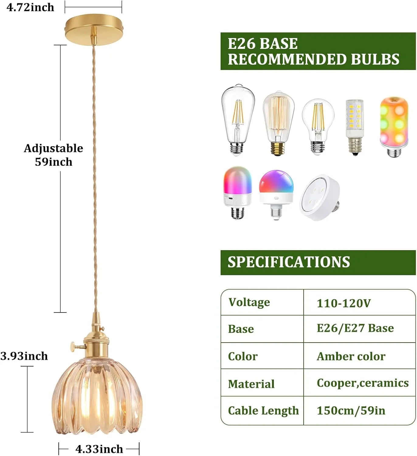 Mini Pendant Light with Amber Tulip Glass Lmapshade, Brass Vintage Pendant Light Adjustable Hanging Light for Kitchen Island Dining Room Hallway