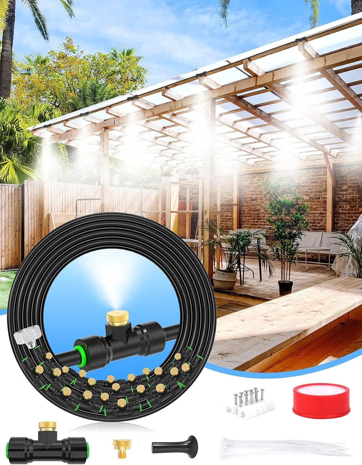 Misters for Outside Patio 63FT(19.2M) 21 Brass Mist Nozzles a Brass Adapter(3/4") Detachable outdoor misting cooling system for Garden, waterpark, Greenhouse, Backyard, Fan, Umbrella, Deck, Canopy