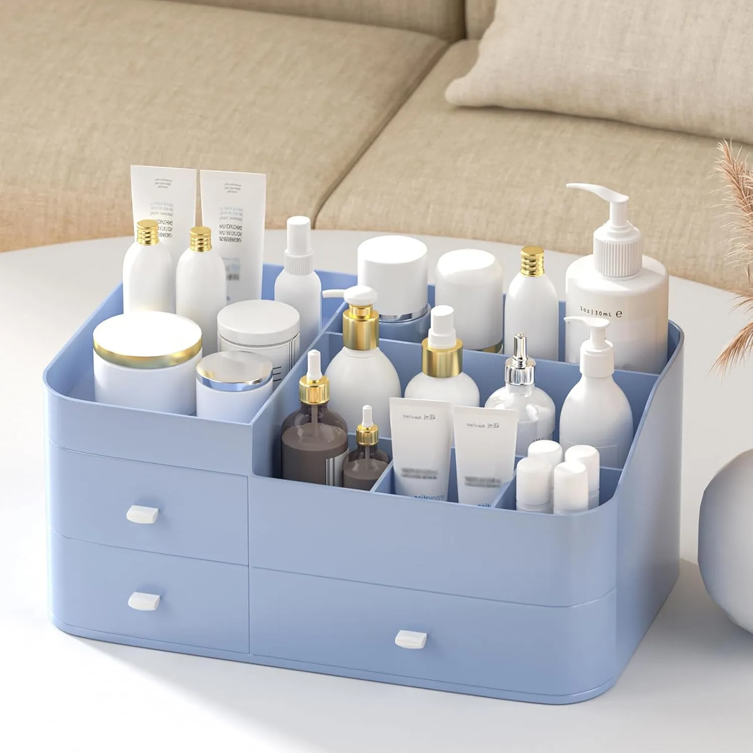 MIUOPUR Makeup Organizer for Vanity, Large Capacity Desk Organizer with Drawers for Cosmetics, Lipsticks, Jewelry, Nail Care, Skincare, Ideal for Bedroom and Bathroom Countertops - Large Blue