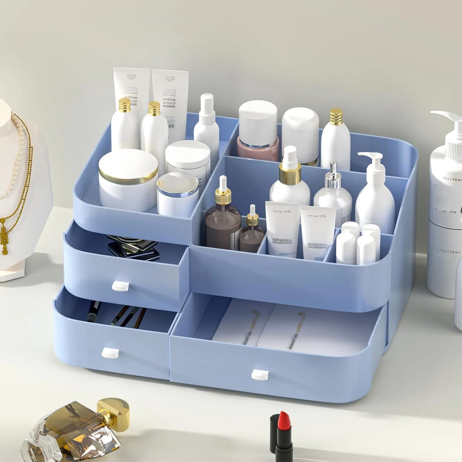 MIUOPUR Makeup Organizer for Vanity, Large Capacity Desk Organizer with Drawers for Cosmetics, Lipsticks, Jewelry, Nail Care, Skincare, Ideal for Bedroom and Bathroom Countertops - Large Blue