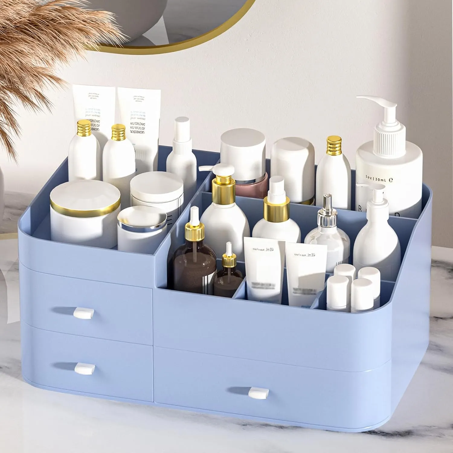 MIUOPUR Makeup Organizer for Vanity, Large Capacity Desk Organizer with Drawers for Cosmetics, Lipsticks, Jewelry, Nail Care, Skincare, Ideal for Bedroom and Bathroom Countertops - Large Blue