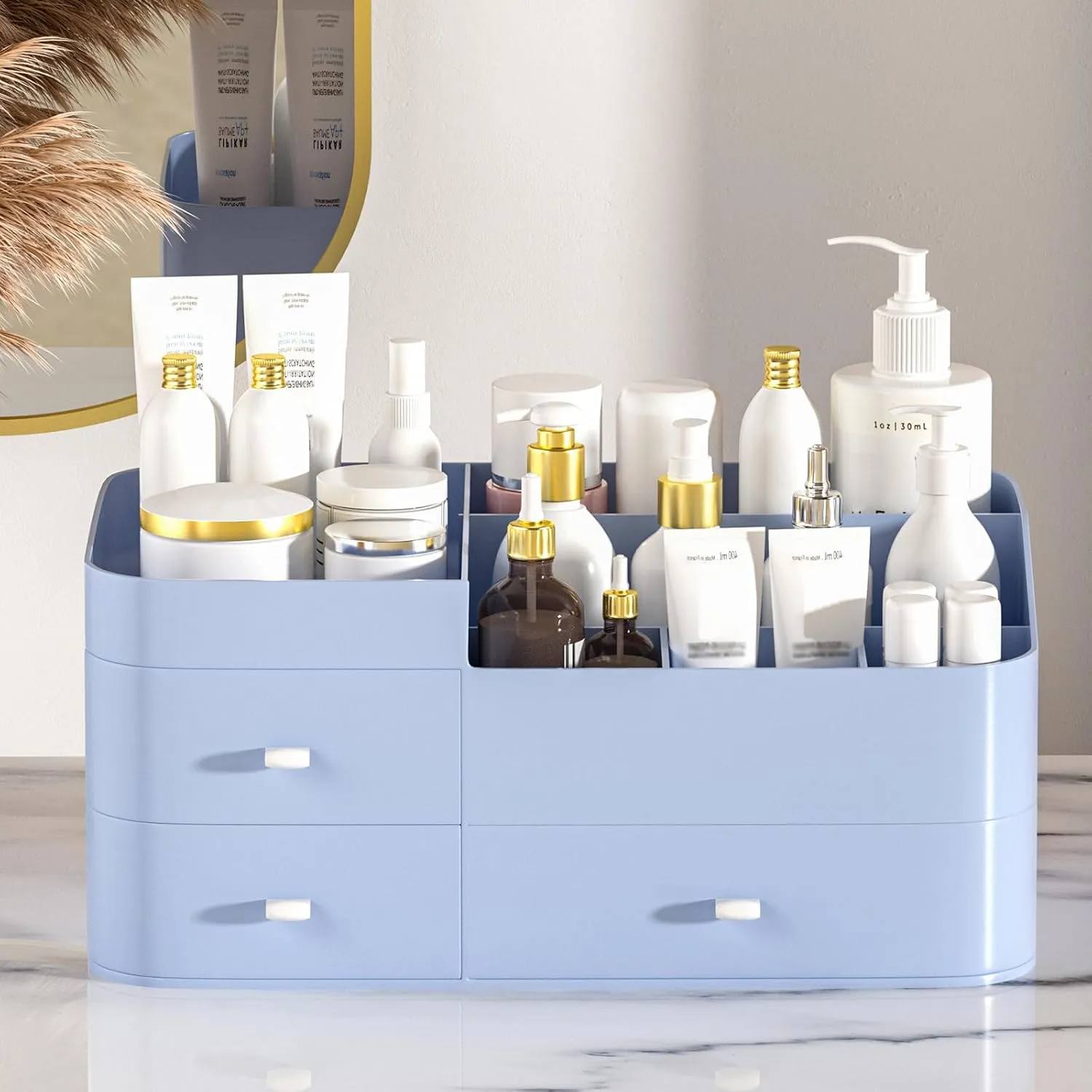 MIUOPUR Makeup Organizer for Vanity, Large Capacity Desk Organizer with Drawers for Cosmetics, Lipsticks, Jewelry, Nail Care, Skincare, Ideal for Bedroom and Bathroom Countertops - Large Blue