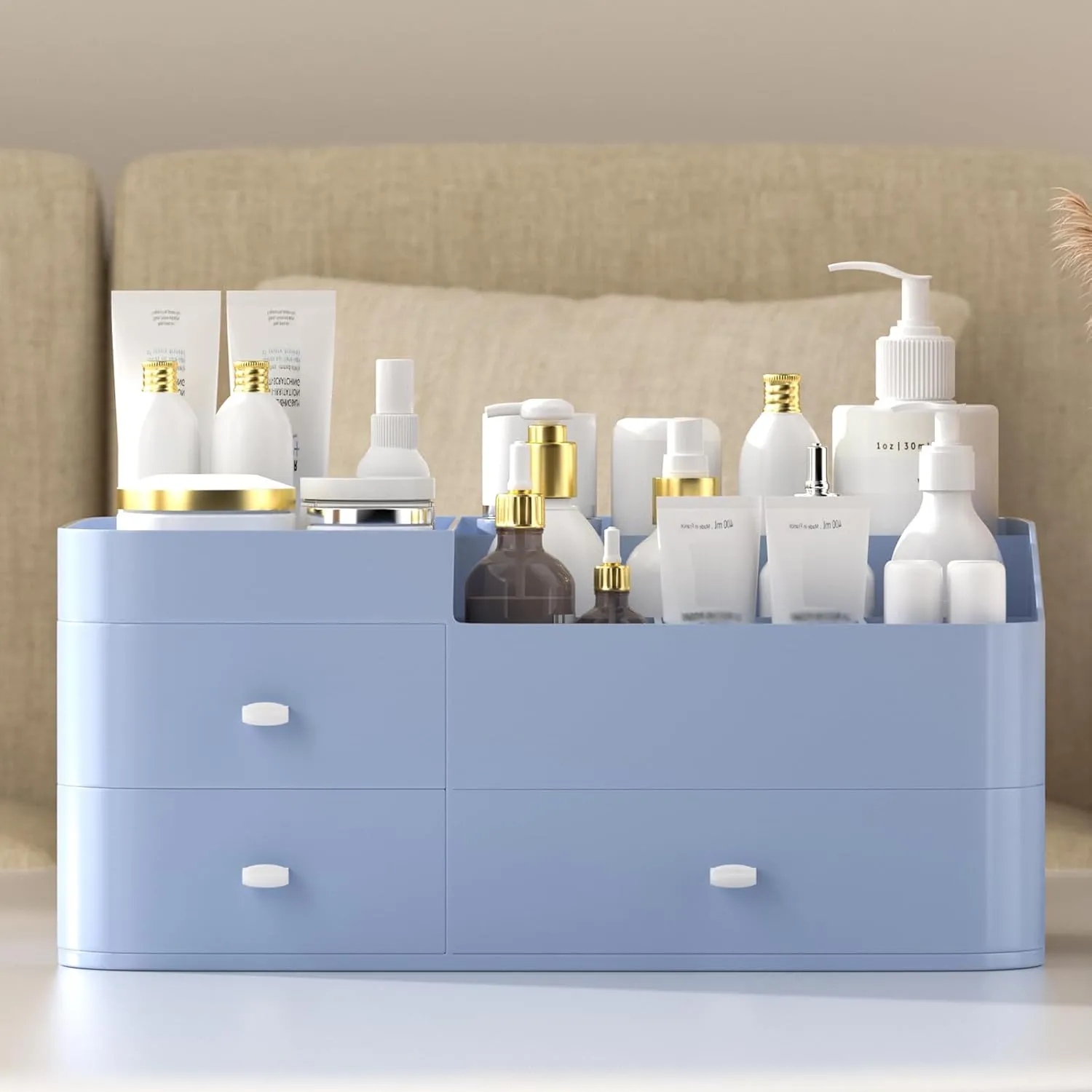 MIUOPUR Makeup Organizer for Vanity, Large Capacity Desk Organizer with Drawers for Cosmetics, Lipsticks, Jewelry, Nail Care, Skincare, Ideal for Bedroom and Bathroom Countertops - Large Blue
