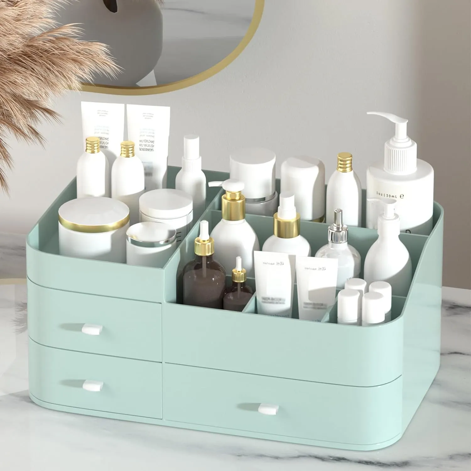 MIUOPUR Makeup Organizer for Vanity, Large Capacity Desk Organizer with Drawers for Cosmetics, Lipsticks, Jewelry, Nail Care, Skincare, Ideal for Bedroom and Bathroom Countertops - Large Green