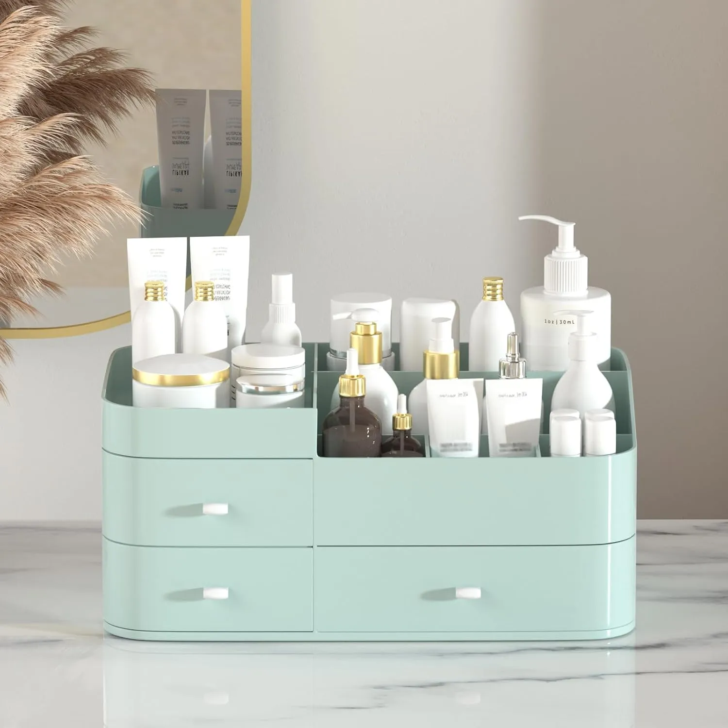 MIUOPUR Makeup Organizer for Vanity, Large Capacity Desk Organizer with Drawers for Cosmetics, Lipsticks, Jewelry, Nail Care, Skincare, Ideal for Bedroom and Bathroom Countertops - Large Green
