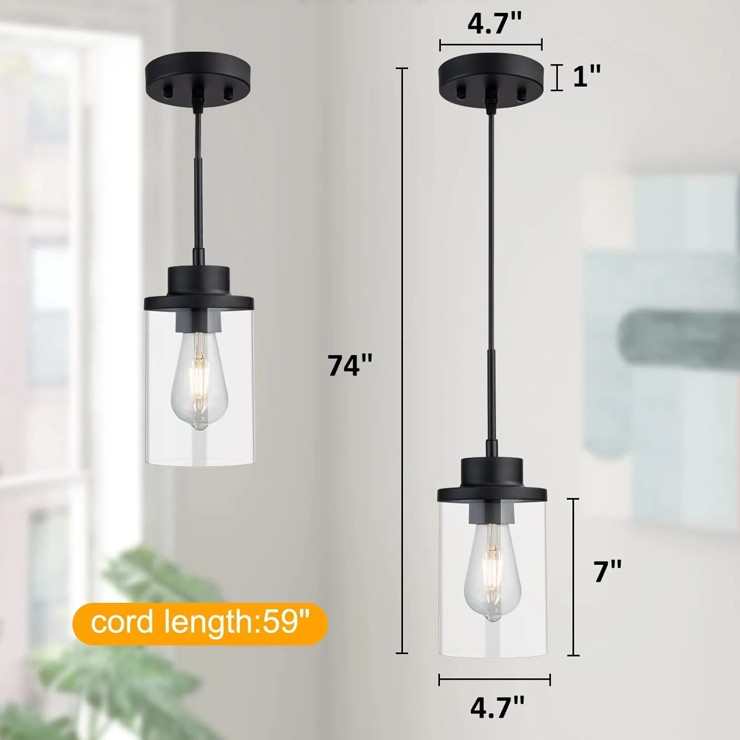 Modern Black Farmhouse Clear Glass Cylinder Pendant Light Fixture, Single Hanging Pendant Lighting for Kitchen Island, Dining Room, Foyer & Hallway(2 Packs)