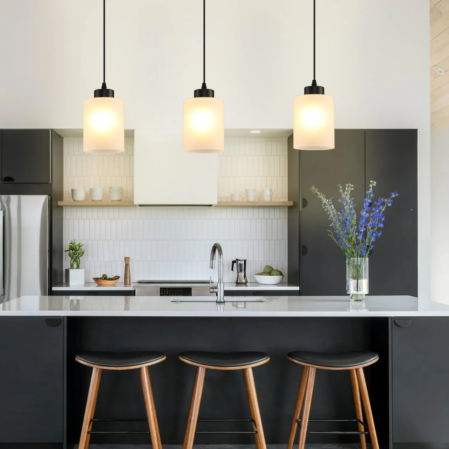 Modern Black Farmhouse Pendant Light with Glass Shade,Industrial Pendant Lighting, Adjustable Hanging Light Fixtures, Farmhouse Pendant Lighting