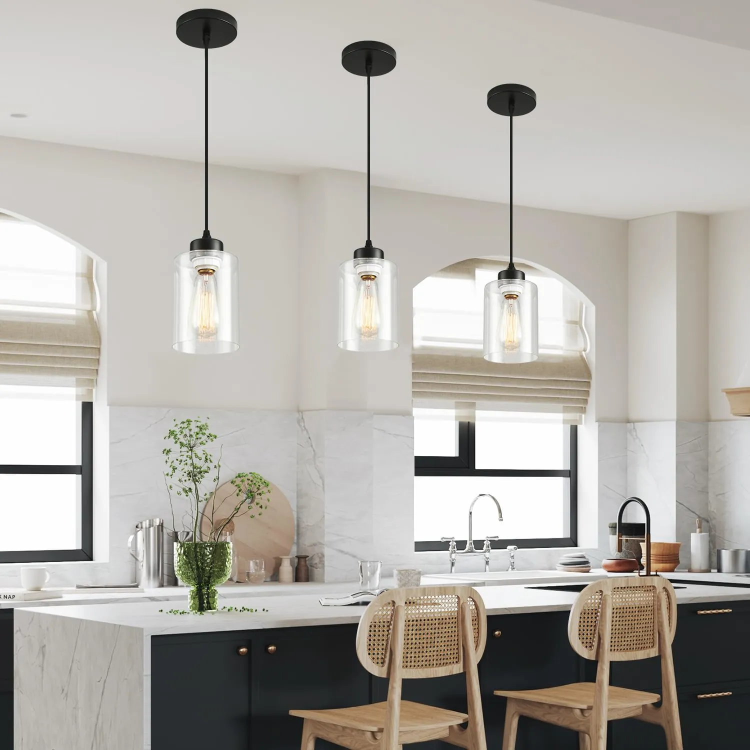 Modern Black Farmhouse Pendant Light with Glass Shade,Industrial Pendant Lighting, Adjustable Hanging Light Fixtures, Farmhouse Pendant Lighting