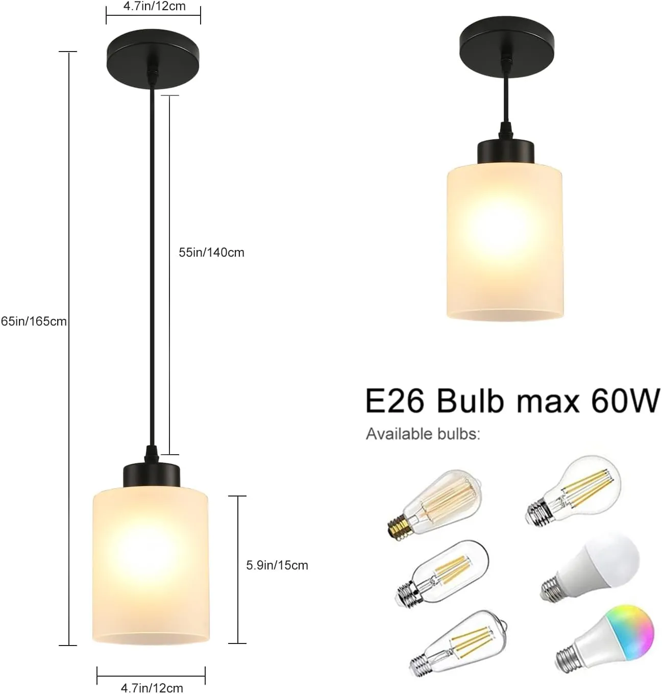 Modern Black Farmhouse Pendant Light with Glass Shade,Industrial Pendant Lighting, Adjustable Hanging Light Fixtures, Farmhouse Pendant Lighting