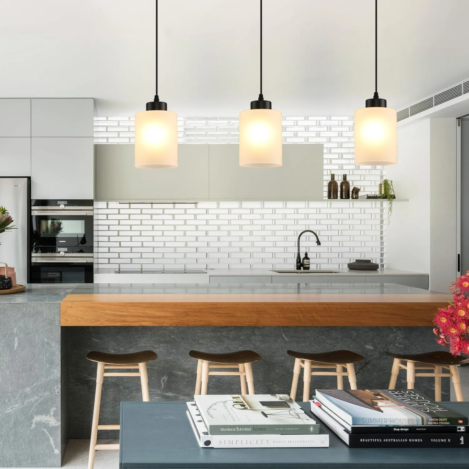 Modern Black Farmhouse Pendant Light with Glass Shade,Industrial Pendant Lighting, Adjustable Hanging Light Fixtures, Farmhouse Pendant Lighting
