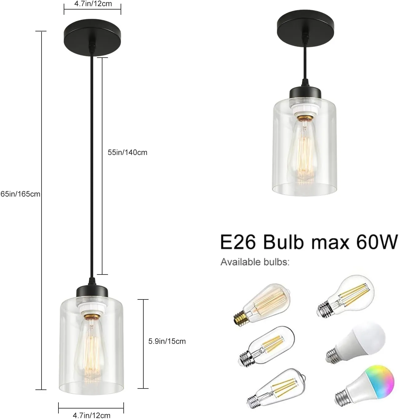 Modern Black Farmhouse Pendant Light with Glass Shade,Industrial Pendant Lighting, Adjustable Hanging Light Fixtures, Farmhouse Pendant Lighting