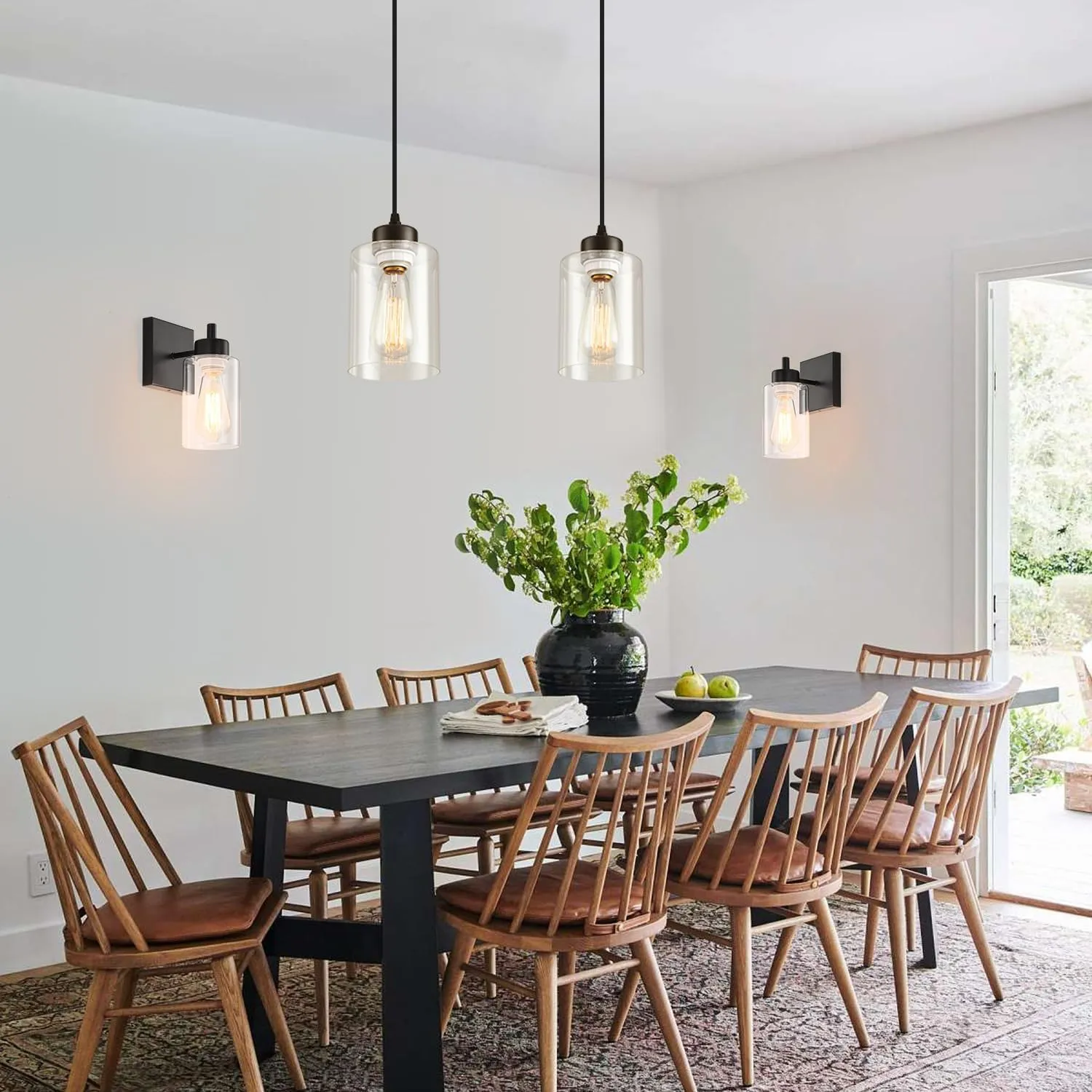 Modern Black Farmhouse Pendant Light with Glass Shade,Industrial Pendant Lighting, Adjustable Hanging Light Fixtures, Farmhouse Pendant Lighting