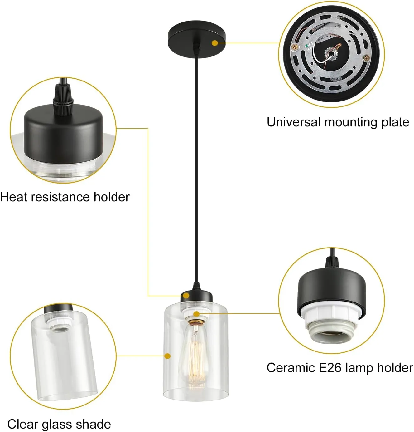 Modern Black Farmhouse Pendant Light with Glass Shade,Industrial Pendant Lighting, Adjustable Hanging Light Fixtures, Farmhouse Pendant Lighting