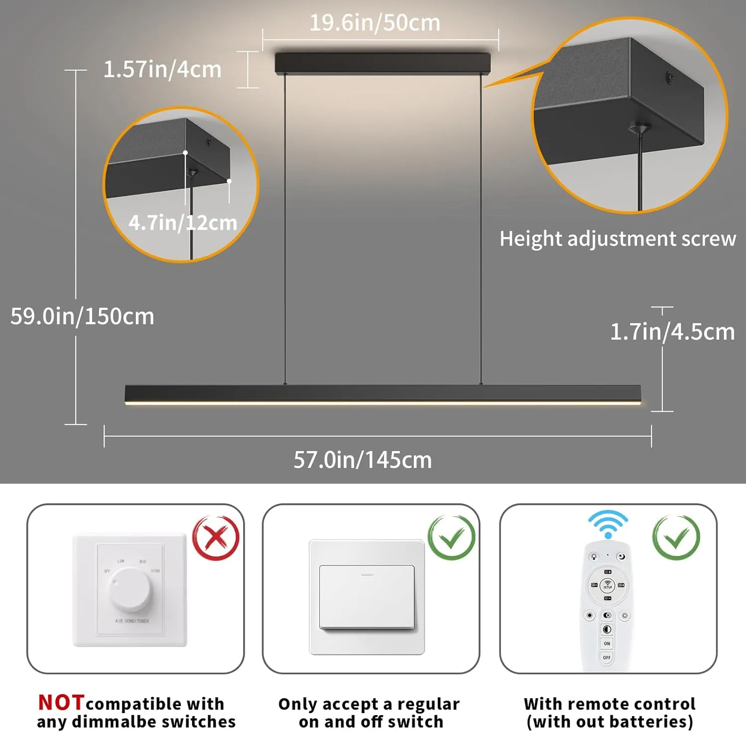 Modern Ceiling Pendant Light,57in LED Black Linear Ceiling Chandelier Light Dining Room,Living Room,Warm & Cool, Neutral Light,Aluminum Island Lighting Hanging Pendant Light for Kitchen