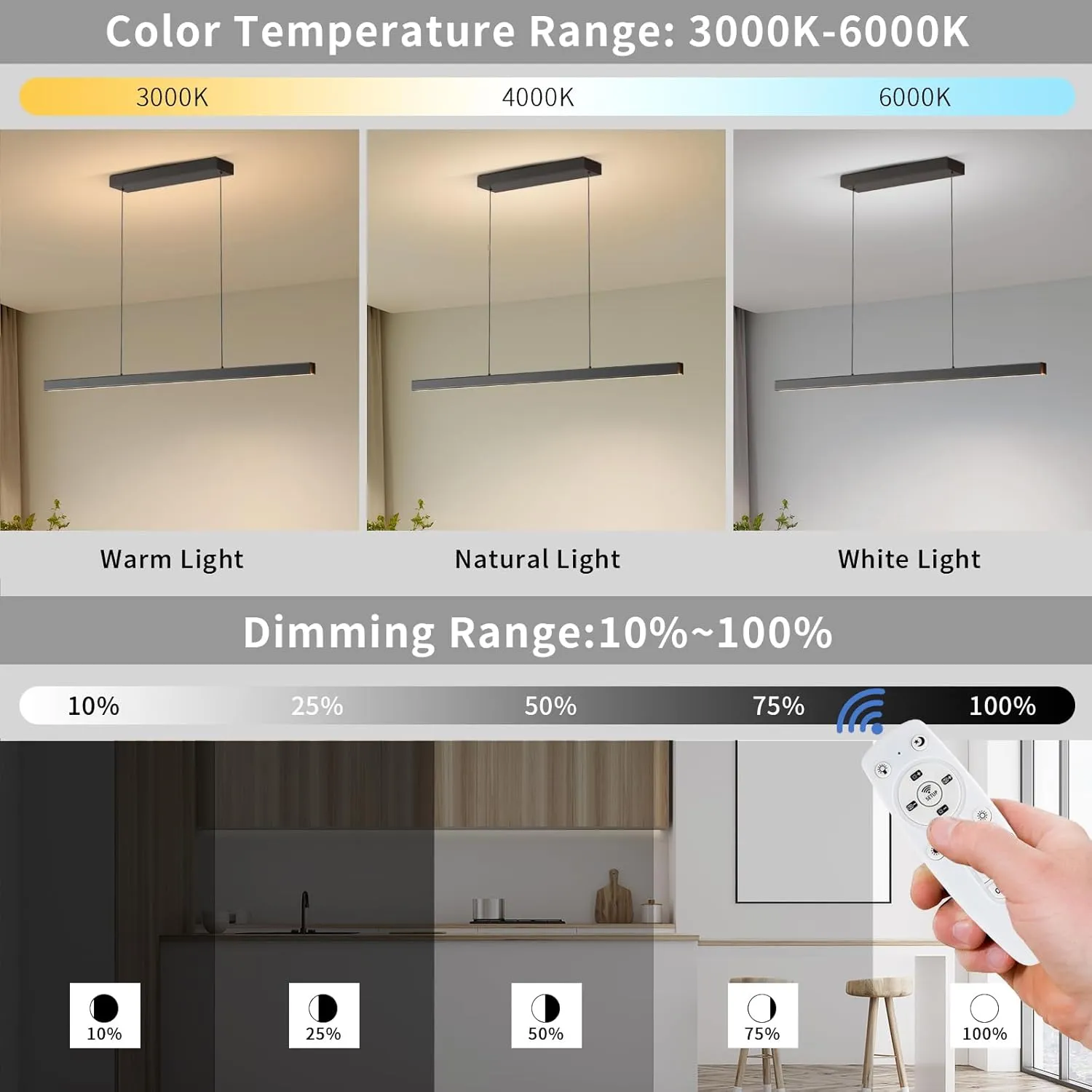 Modern Ceiling Pendant Light,57in LED Black Linear Ceiling Chandelier Light Dining Room,Living Room,Warm & Cool, Neutral Light,Aluminum Island Lighting Hanging Pendant Light for Kitchen