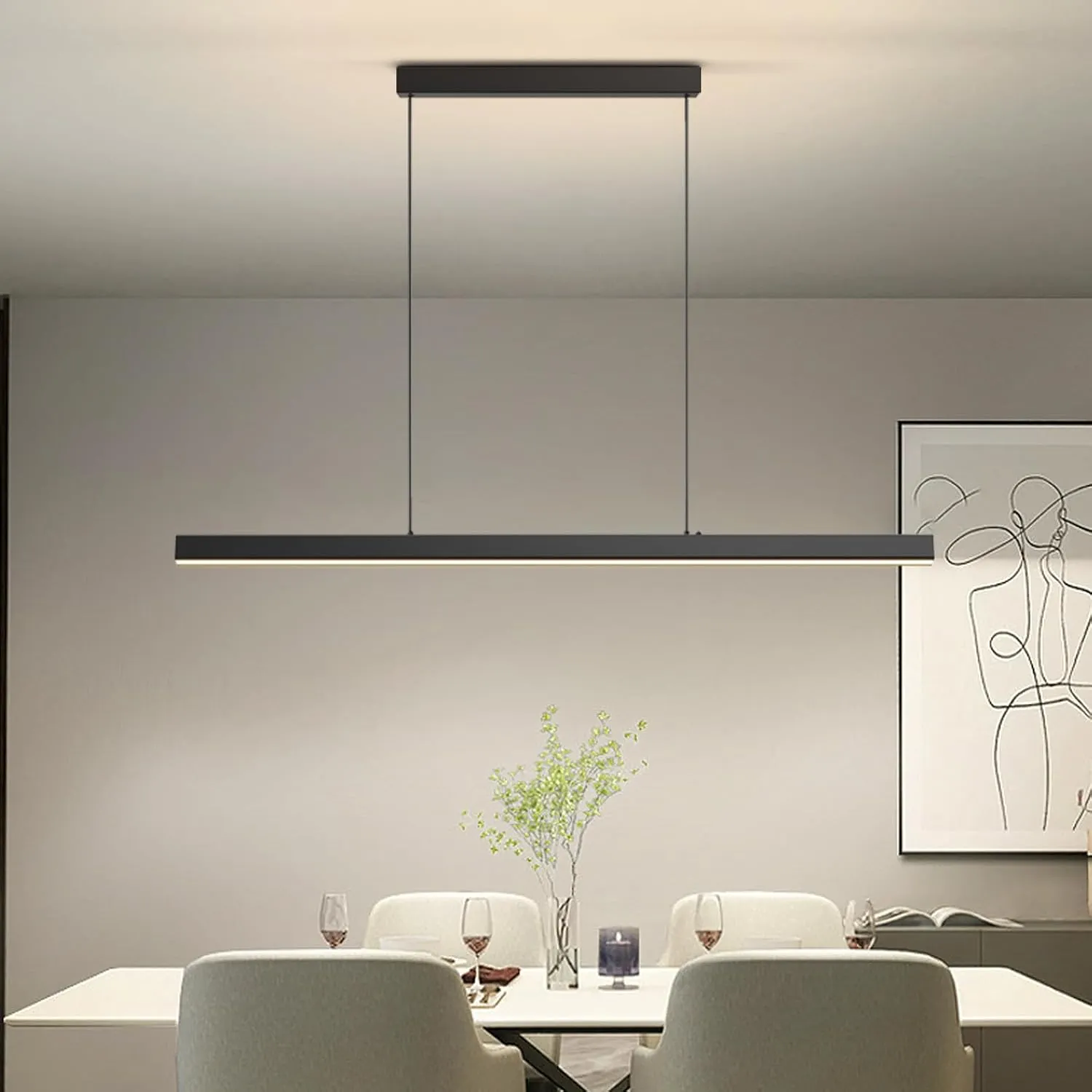 Modern Ceiling Pendant Light,57in LED Black Linear Ceiling Chandelier Light Dining Room,Living Room,Warm & Cool, Neutral Light,Aluminum Island Lighting Hanging Pendant Light for Kitchen