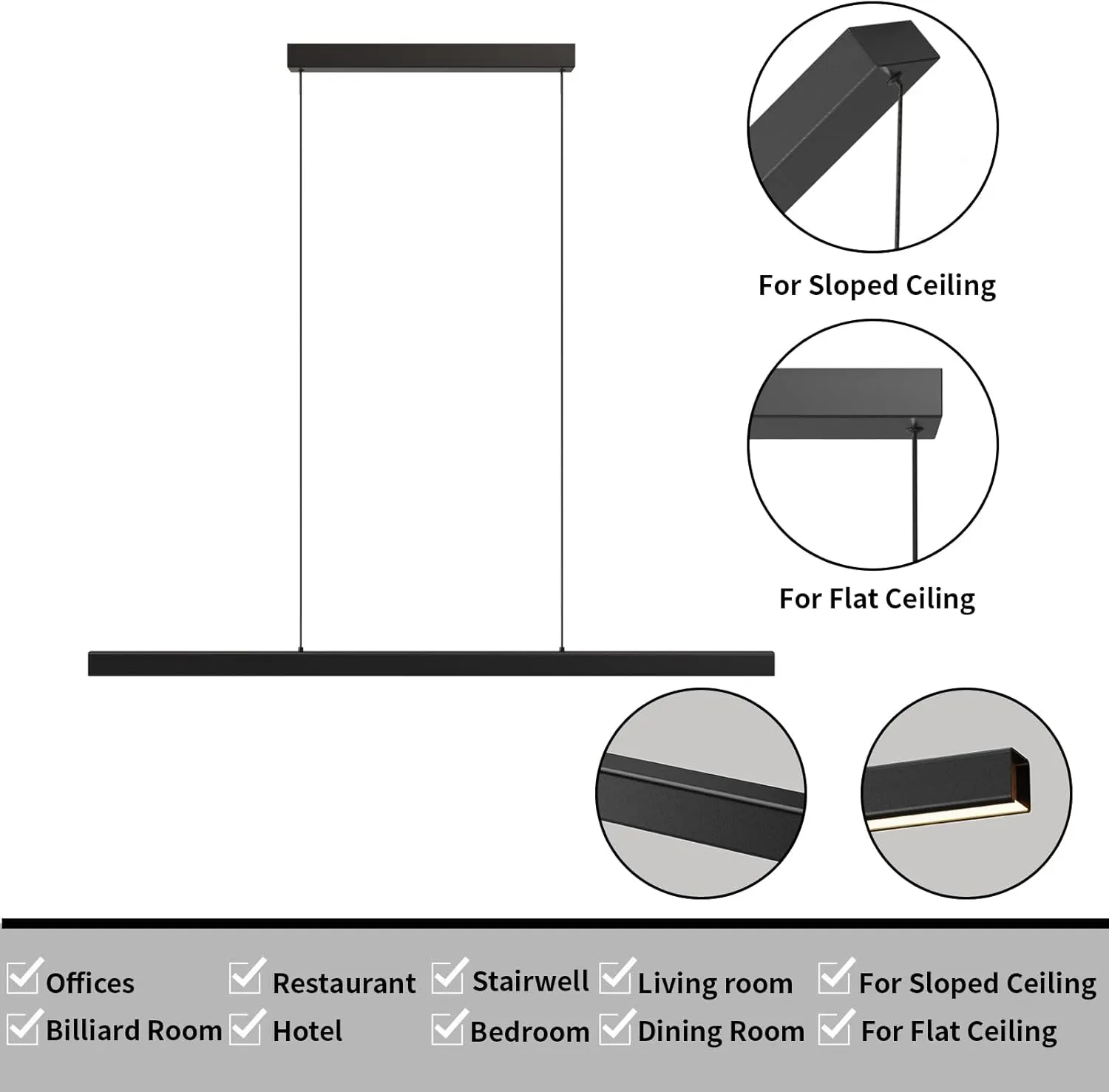 Modern Ceiling Pendant Light,57in LED Black Linear Ceiling Chandelier Light Dining Room,Living Room,Warm & Cool, Neutral Light,Aluminum Island Lighting Hanging Pendant Light for Kitchen