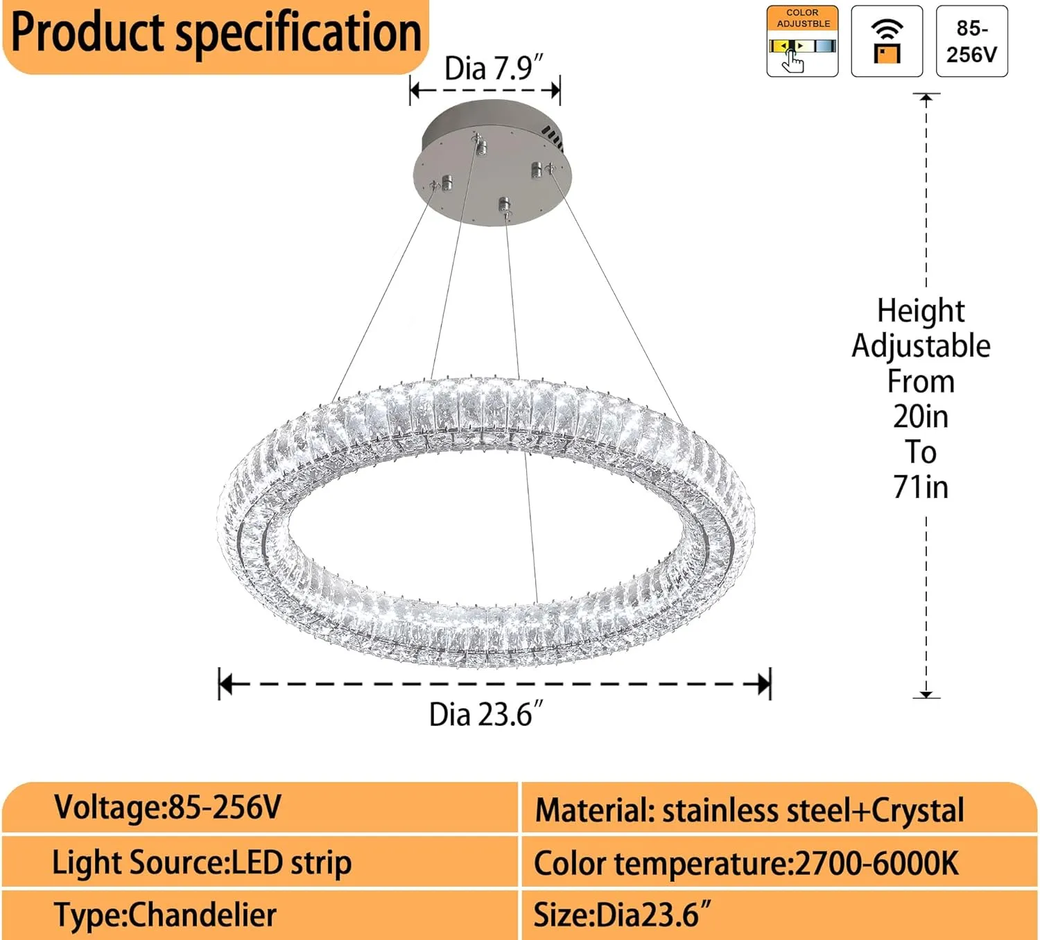 Modern Crystal Chandelier Dimmable LED 23.6" Ring Pendant Light Adjustable Round Chrome Crystal Chandelier Light Fixtures for Dining Room Living Room