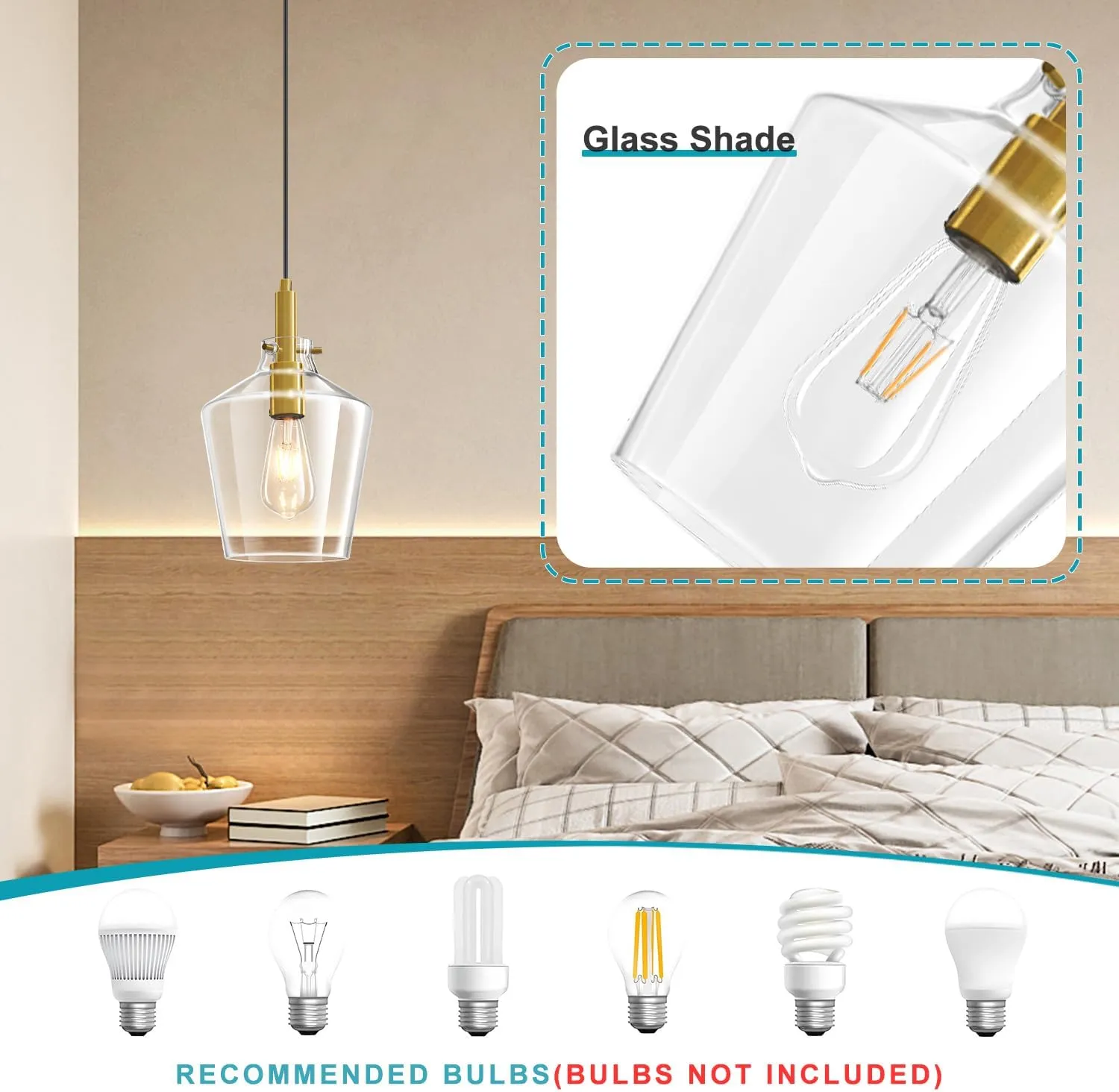 Modern Glass Pendant Lighting for Kitchen Island, Farmhouse Gold Pendant Light Fixtures 1 Pack, Adjustable Hanging Ceiling Light Angled Clear Glass Shades 8 Inch