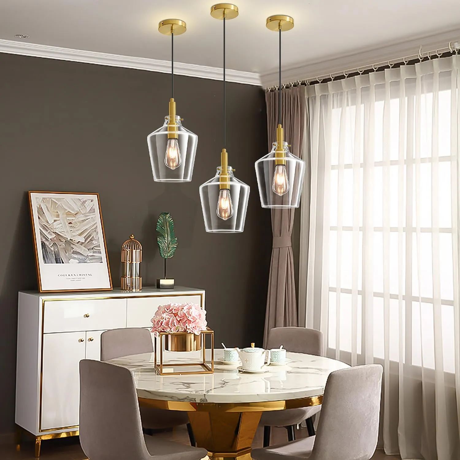 Modern Glass Pendant Lighting for Kitchen Island, Farmhouse Gold Pendant Light Fixtures 1 Pack, Adjustable Hanging Ceiling Light Angled Clear Glass Shades 8 Inch