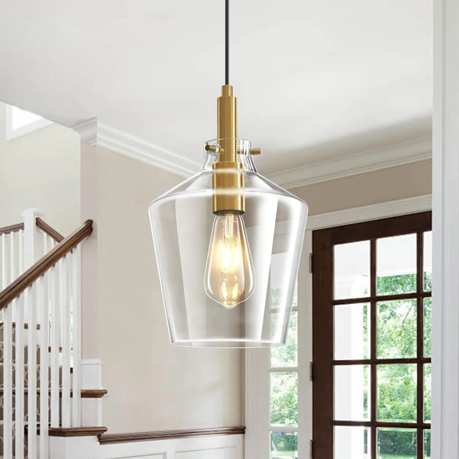 Modern Glass Pendant Lighting for Kitchen Island, Farmhouse Gold Pendant Light Fixtures 1 Pack, Adjustable Hanging Ceiling Light Angled Clear Glass Shades 8 Inch