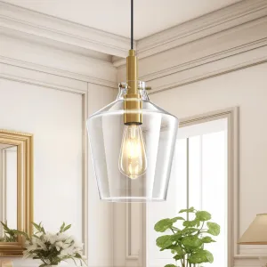Modern Glass Pendant Lighting for Kitchen Island, Farmhouse Gold Pendant Light Fixtures 1 Pack, Adjustable Hanging Ceiling Light Angled Clear Glass Shades 8 Inch